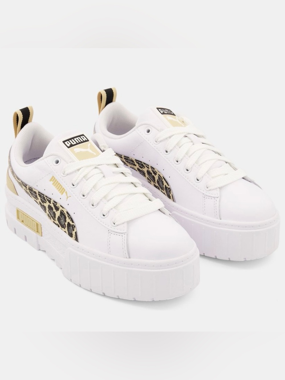 Women Puma White Platform Sneakers with Leopard Print and Gold Accents